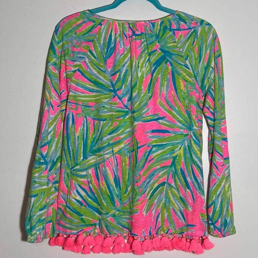 Lilly Pulitzer‎ Linzy Tassel-Embellished Relaxed Blouse | Tiki Pink Royal Lime - Picture 3 of 12